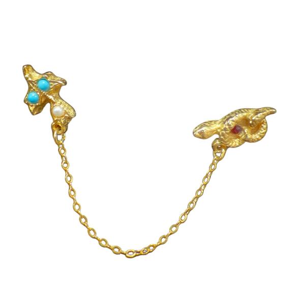 Snake Bird Lapel Pin Scarf Clip Chain Gold Tone Vintage Jewelry Beaded Brooch 3" - Picture 1 of 6